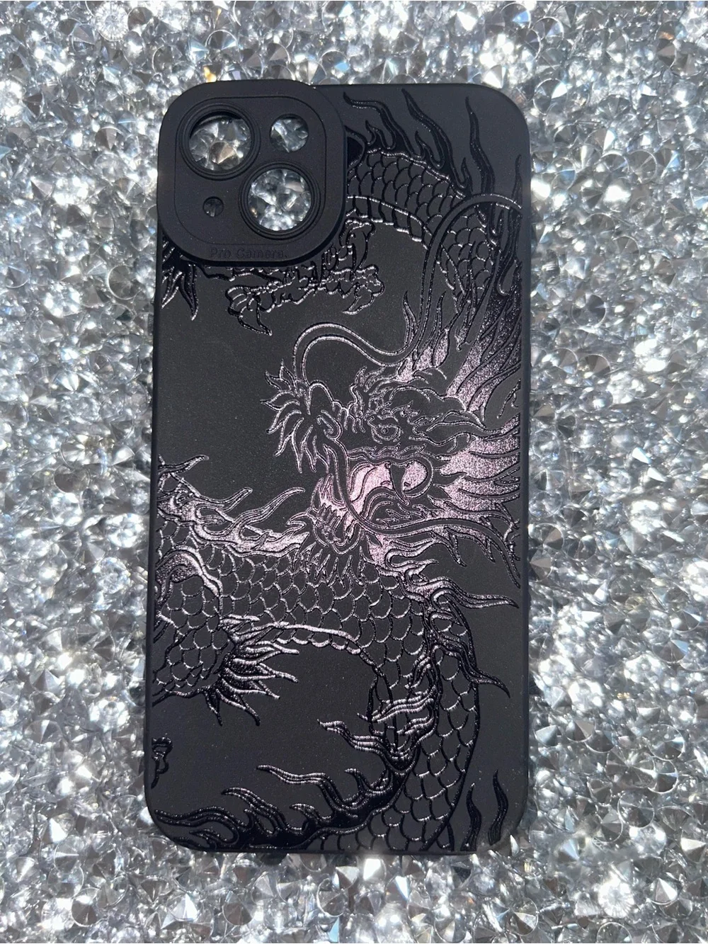 Black Dragon Embossed Phone Case for iPhone 15 plus- Sleek Protective Cover